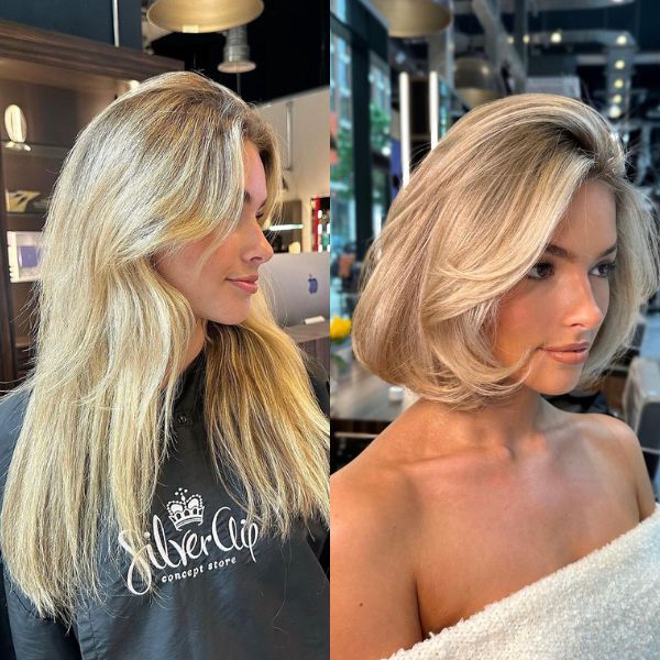 Before and after Old money bright blonde 90s bob hair trend tutorial how to color formulas