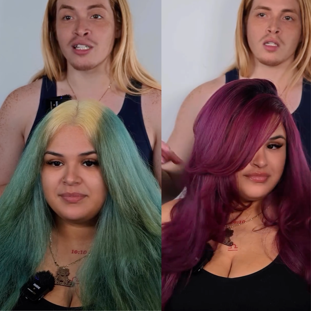 model with magenta hair with layers and long soft curls