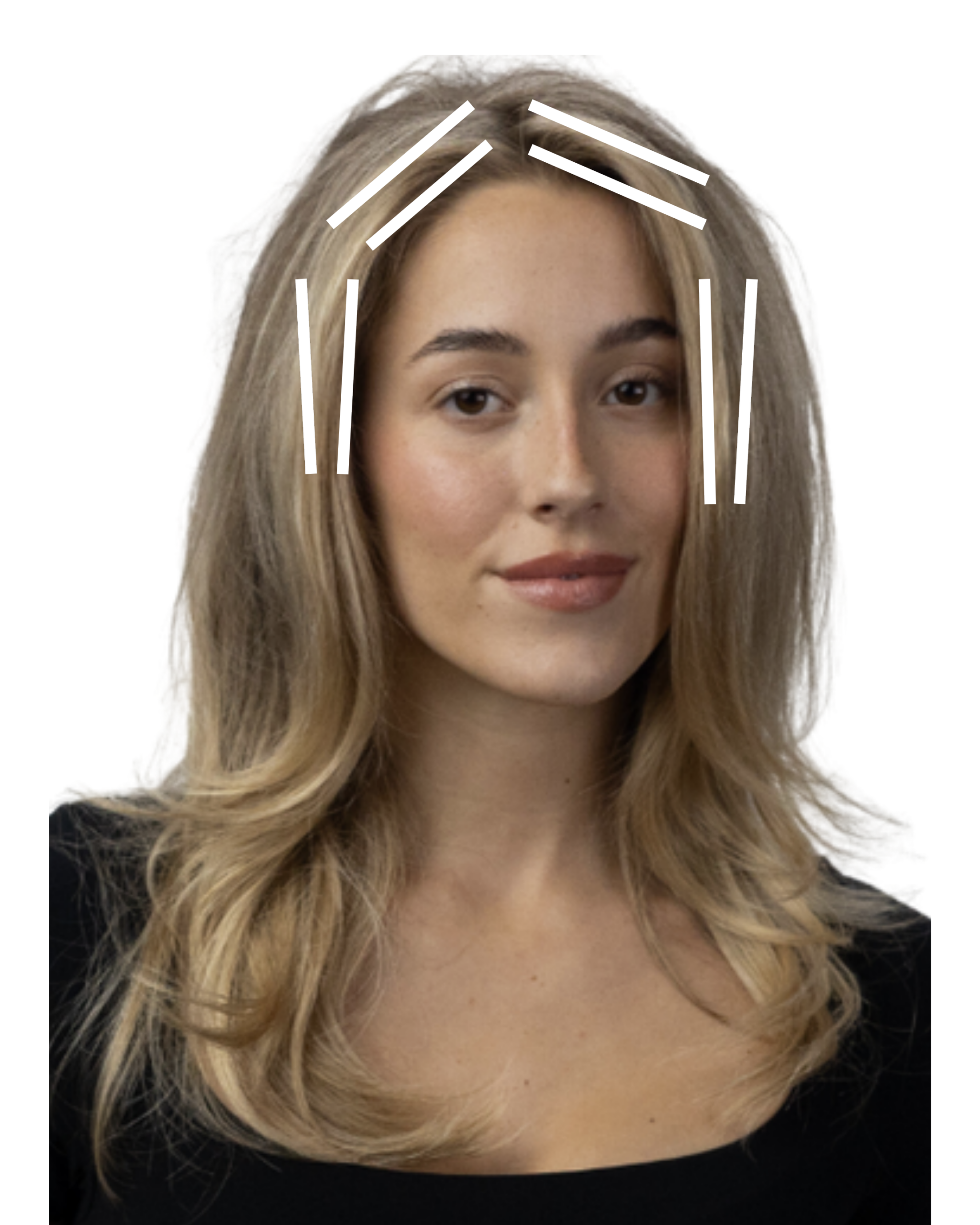 A front-facing diagram of a model with white lines indicating a bright face-framing foil placement around the hairline and part line