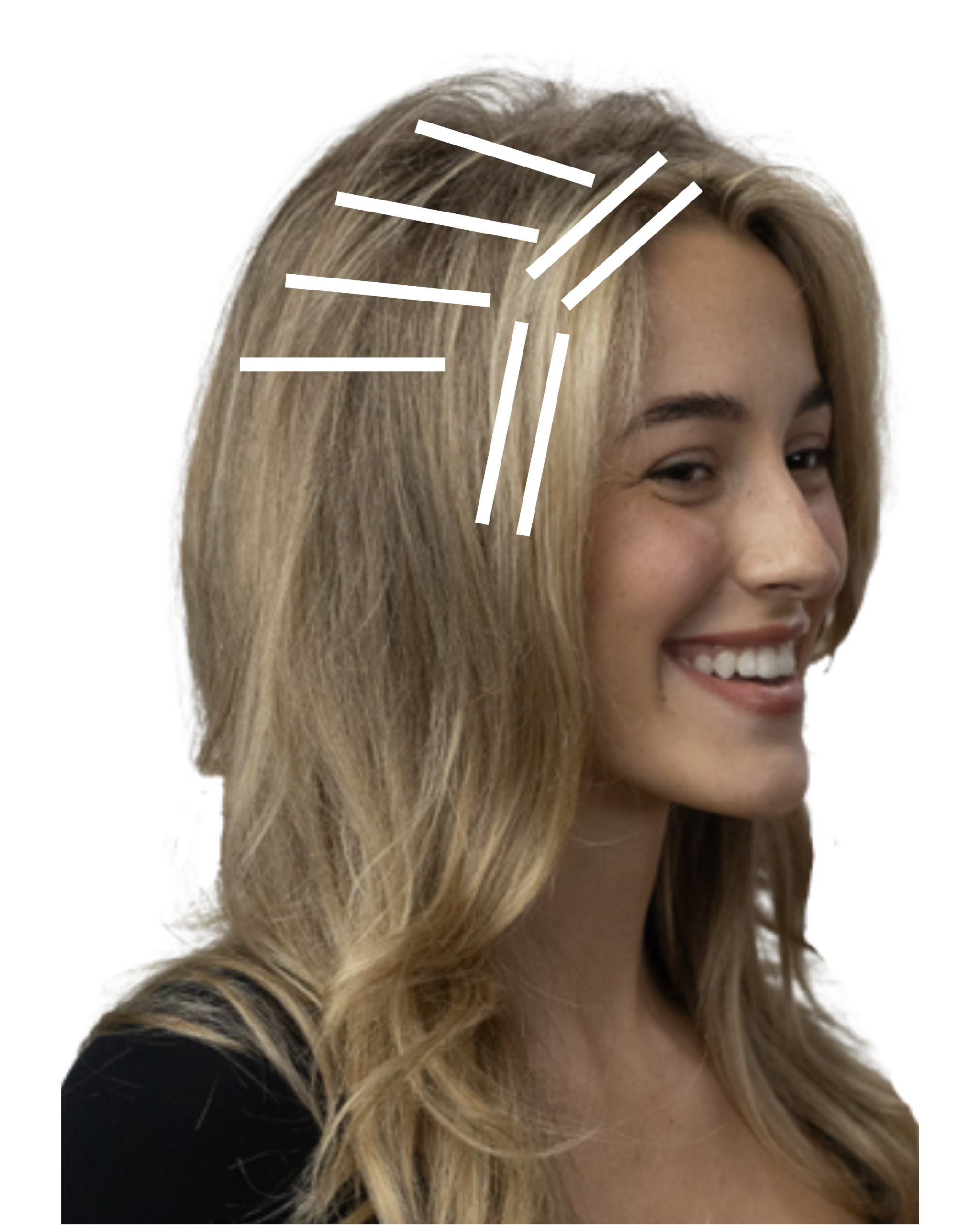 A profile view diagram showing diagonal foil placement along the side of the head, connecting the back sections to the face-framing highlights