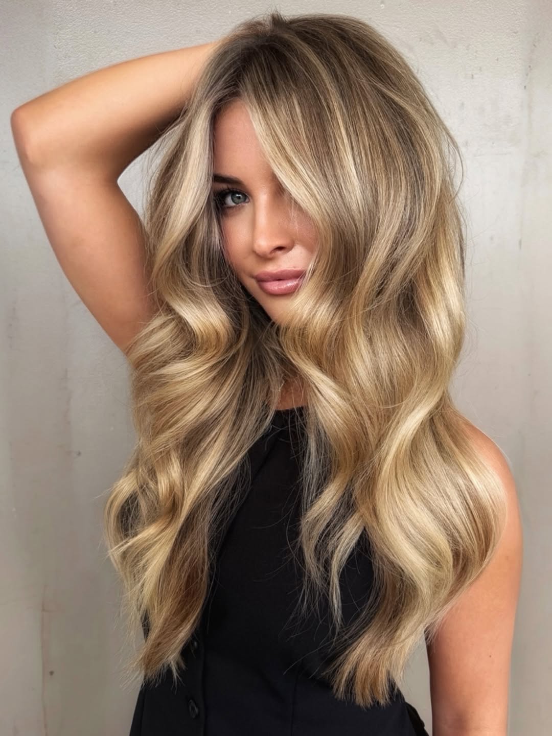 Dimensional blonde balayage with creamy ribbon highlights, a seamless root melt and glamorous cascading waves creating a high-shine finish.