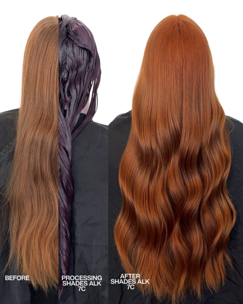 Before, mid-process and after comparison showing Redken Shades ALK 7C developing from violet during processing to a vibrant copper finish.